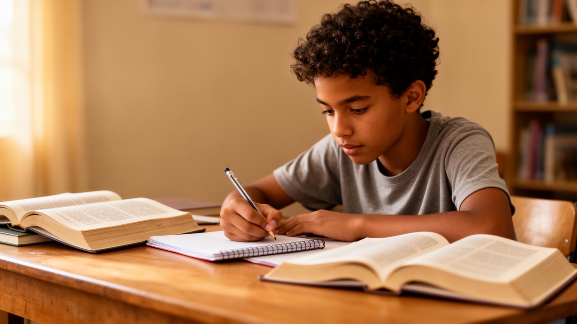 Élève réunionnais concentré sur ses devoirs à son bureau pendant une séance de soutien scolaire